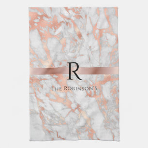 Black Monogram & Name, White & Rose Gold Marble Tea Towel