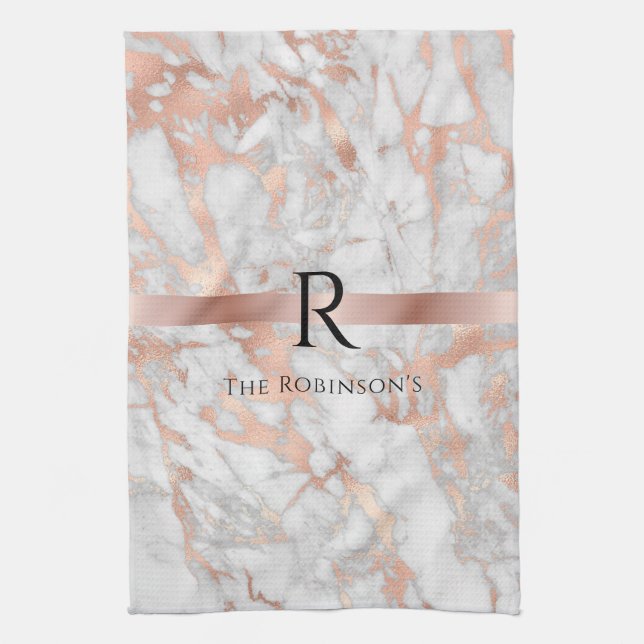 Black Monogram & Name, White & Rose Gold Marble Tea Towel (Vertical)