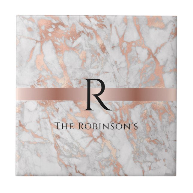 Black Monogram & Name, White & Rose Gold Marble Tile (Front)