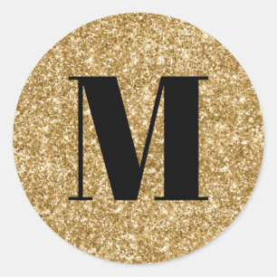 Black Monogram on Faux Gold Glitter Classic Round Sticker