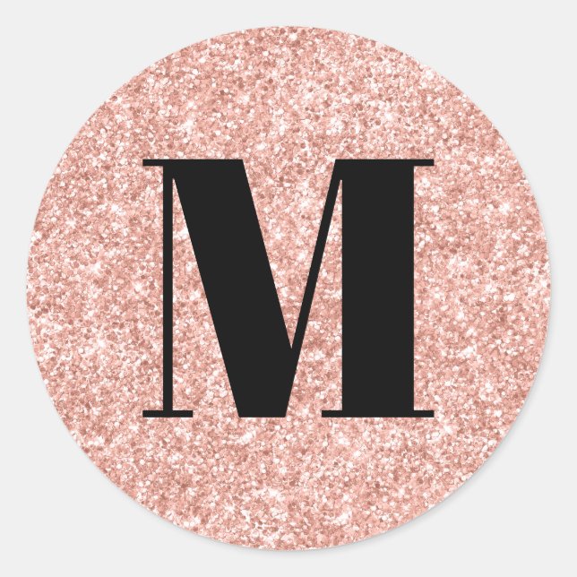 Black Monogram on Faux Rose Gold Glitter Classic Round Sticker (Front)
