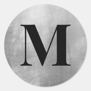 Black Monogram on Faux Silver Foil Classic Round Sticker