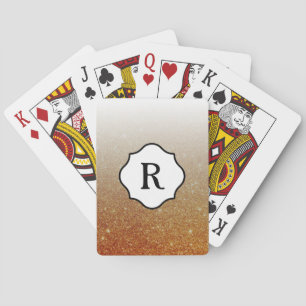 Black Monogram on Orange Gold Glitter Ombre Playing Cards