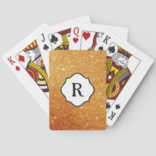 Black Monogram on Orange Gold Glitter Playing Cards