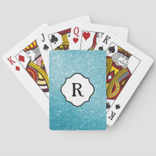 Black Monogram on Sparkling Aqua Glitter Playing Cards