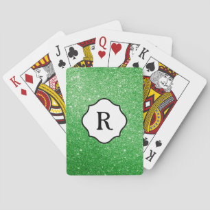 Black Monogram on Sparkling Bright Green Glitter Playing Cards