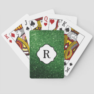 Black Monogram on Sparkling Dark Green Glitter Playing Cards