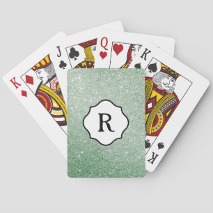 Black Monogram on Sparkling Sea Green Glitter Playing Cards