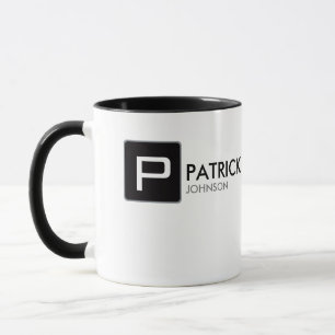 black monogram on white personalised mug