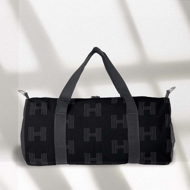 Black Monogram Pattern, Modern Monogrammed Duffel  Duffle Bag (Black Monogram Pattern, Simple Black duffel bag.)
