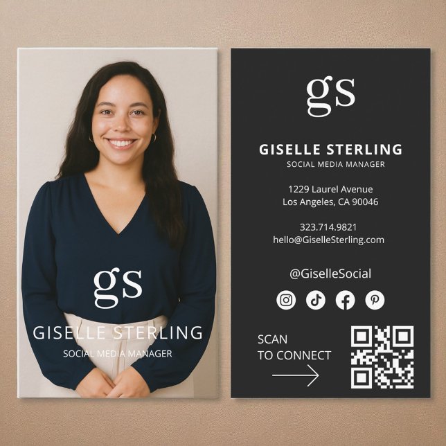 Black Monogram Photo Social Media QR Code Business Card (Creator Uploaded)