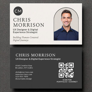 Black Monogram Professional QR Code Photo Business Card