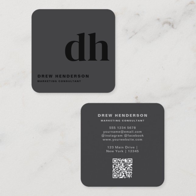Black Monogram Professional Qr Code  Square Business Card (Front/Back)