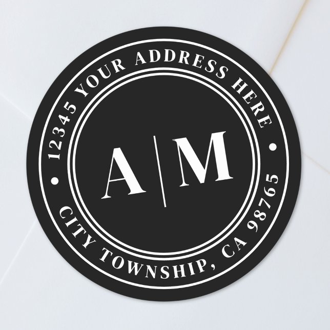Black Monogram Return Address Classic Round Sticker (Black Monogram Return Address Classic Round Sticker )
