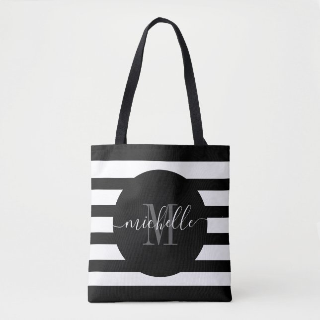 Black Monogram Script Calligraphy Modern Stripe Tote Bag (Front)