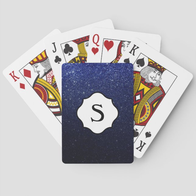 Black Monogram Sparkling Dark Blue Glitter Ombre Playing Cards (Back)