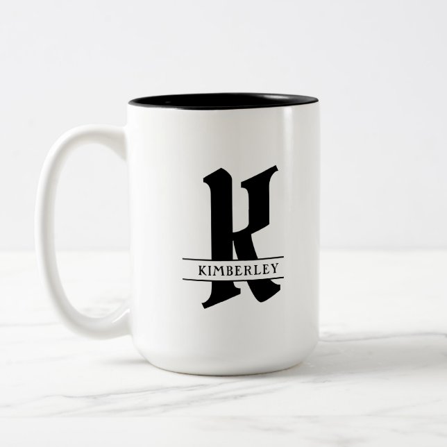 Black Monogram, split letter typography Two-Tone Coffee Mug (Left)