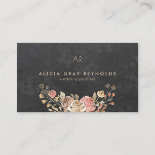 Black Monogram Watercolor Floral Wedding Planner Business Card