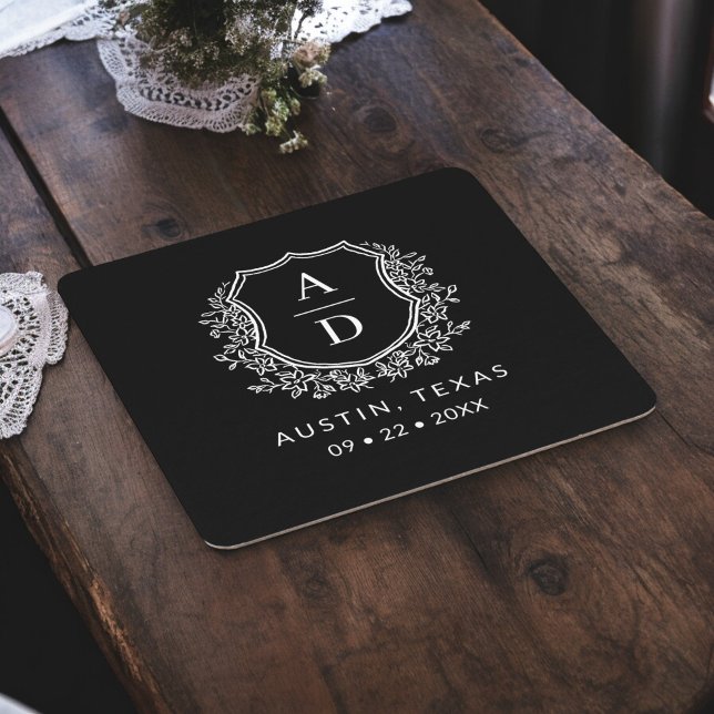 Black Monogram Wedding Floral Crest Elegant Square Paper Coaster (Creator Uploaded)