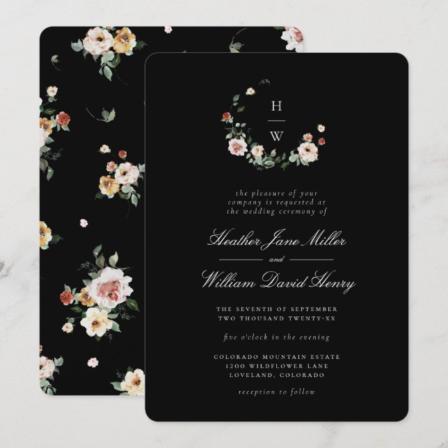 Black Monogram Wedding Invitation (Front/Back)