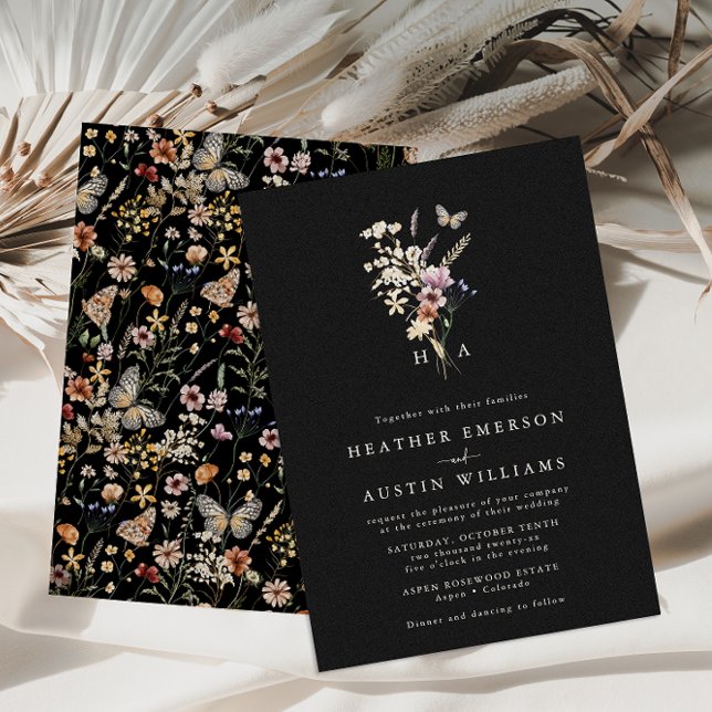 Black Monogram Wedding Invitation (Floral Monogram Black Boho Wedding Invitation with Butterfly by Painted Paperie)