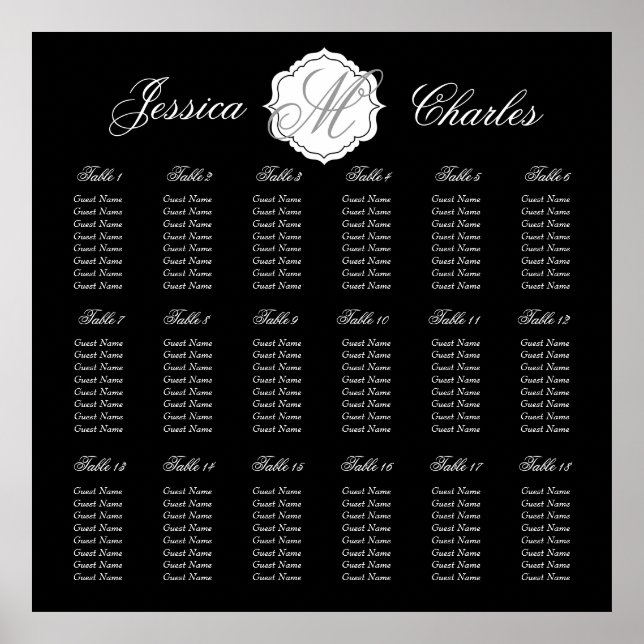 Black Monogram Wedding Reception Seating Chart (Front)