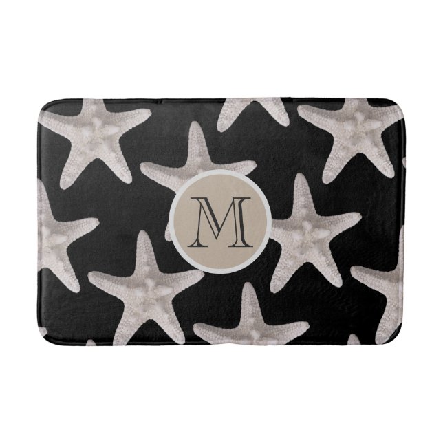 Black Monogram White Beach Starfish Pattern Bath Mat (Front)