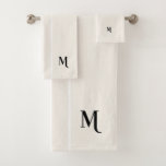 Black Monogram White Racing Stripes Ivory Cream Bath Towel Set<br><div class="desc">Create your own custom, personalised, cool, classy, stylish, classic, white racing stripes design, modern, minimalist, elegant black calligraphy typography script font monogrammed initial on luxe ivory cream colour background, trendy, machine washable, bath towel set that includes 30" x 60" bath towel, 16" x 28" hand towel and 13" x 13"...</div>