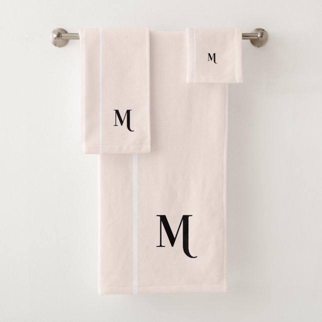 Black Monogram White Racing Stripes Pastel Pink Bath Towel Set (Insitu)