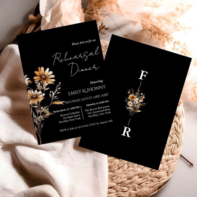 Black Monogram Wildflower Rehearsal Dinner Invitation (Creator Uploaded)