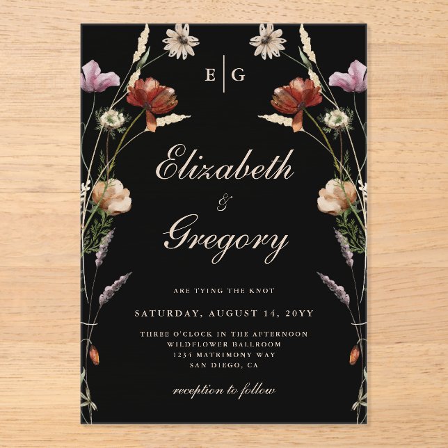 Black Monogram Wildflower Wedding Acrylic Invitations (Front)