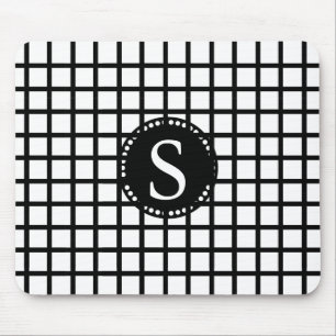 Black Monogram with White & Black Checks Stripes Mouse Mat