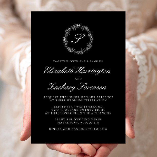 Black Monogram Wreath White Script Wedding Invitation (Creator Uploaded)