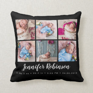 Black Monogrammed Birth Stat Black Photo Collage Cushion