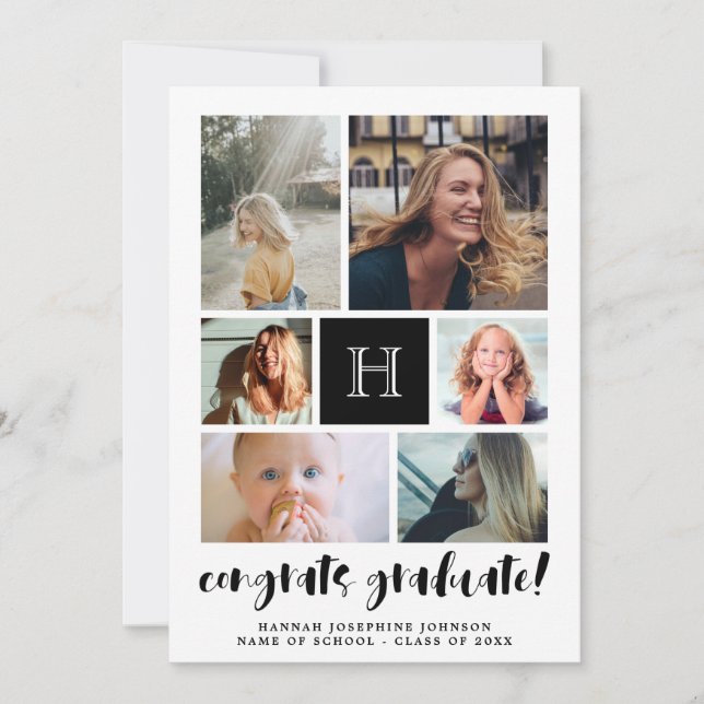 Black Monogrammed Photo Collage Congrats Graduate Announcement (Front)