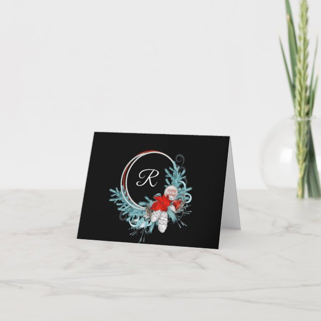 Black Monogrammed Wreath Holiday Note Card (Front)