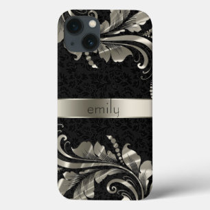 Black Monotones Damask And Silver Floral Swirls iPhone 13 Case