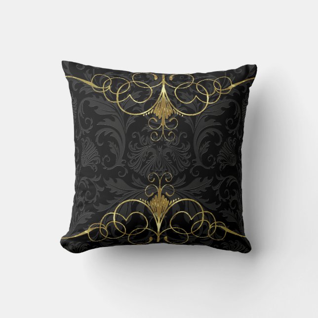 Black Monotones Floral Damasks & Gold Frame Cushion (Front)