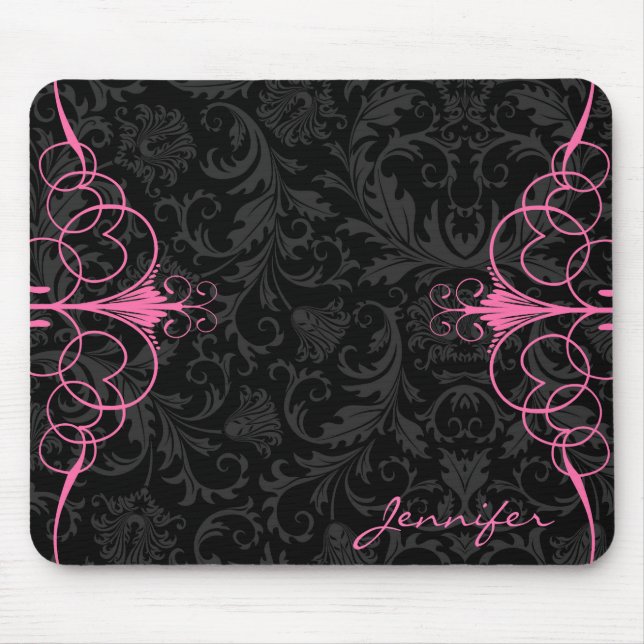 Black Monotones Floral Damasks & Pink Frame Mouse Mat (Front)