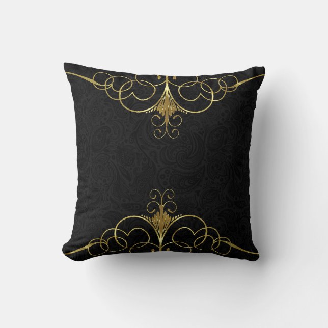 Black Monotones Floral Paisley & Gold Frame Cushion (Front)