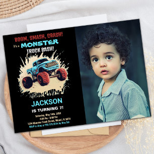 Black Monster Truck Birthday Invitations w Photo