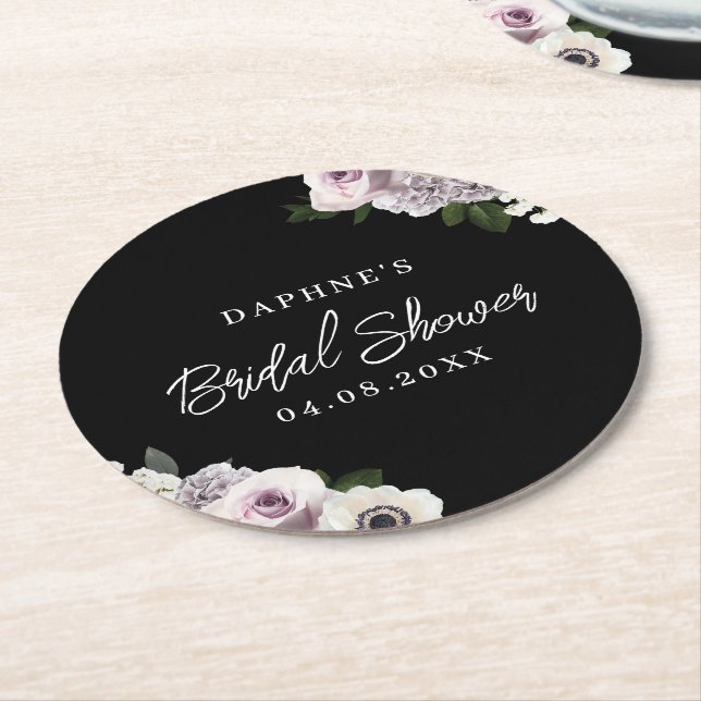 Black Moody Anemone & Purple Floral Bridal Shower Round Paper Coaster (Angled)