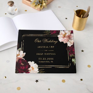 Black Moody Burgundy Blush Floral Wedding Seating Guest Book