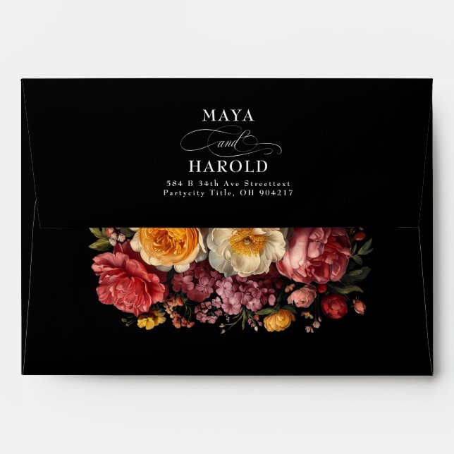Black Moody Floral Baroque Dutch Art Wedding Envelope (Back (Top Flap))