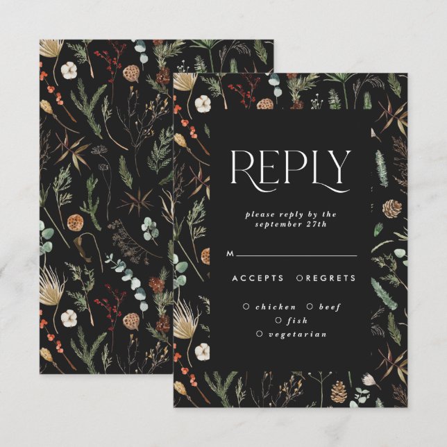 Black moody floral botanical elegant wedding reply invitation (Front/Back)