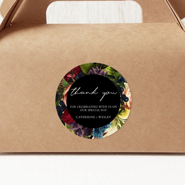 Black Moody Floral Burgundy Wedding  Classic Round Sticker (Creator Uploaded)