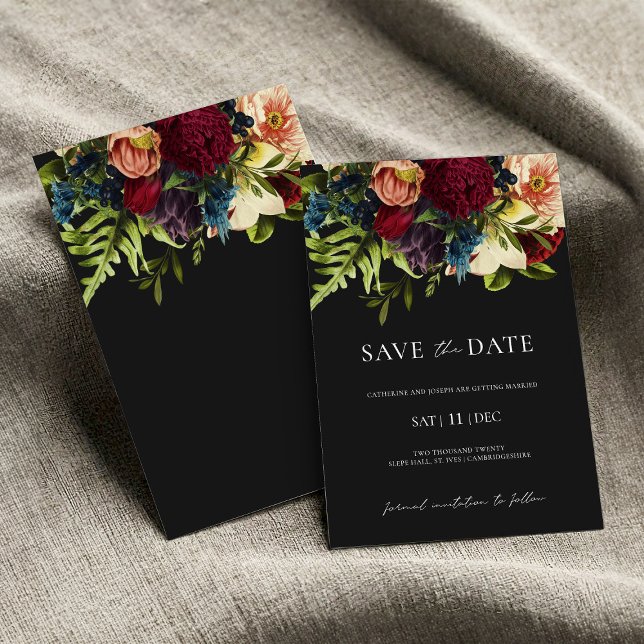 Black Moody Floral Burgundy Wedding Save the Date Invitation (Creator Uploaded)