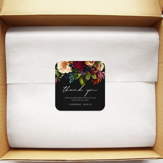 Black Moody Floral Burgundy Wedding  Square Sticker (Creator Uploaded)