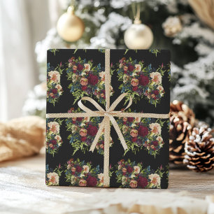 Black Moody Floral Burgundy Wedding Wrapping Paper