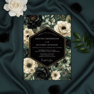 Black Moody Floral Opulent Wedding Invitation